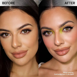 Before and after comparison of model wearing Eyecandys Dare To Be Hazel colored prescription contact lens, natural-looking, vibrant hazel eyes, enhances eye appearance, cosmetic colored lenses, trending colored contacts 2025, comfortable all-day wear