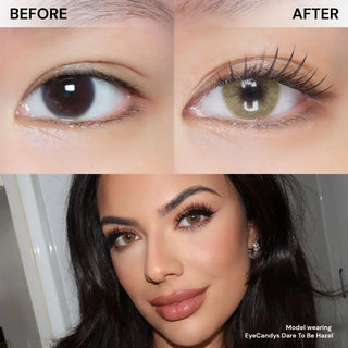 Close-up of eye with long lashes wearing Eyecandys Dare To Be Hazel colored prescription contact lens, natural-looking, vibrant, comfortable all-day wear, cosmetic colored lenses, trending hazel contacts 2025, eye-catching colored lenses