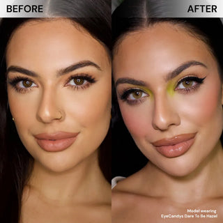 Before and after of model’s face wearing EyeCandys Dare to Be Hazel prescription colored contact lenses, showing warm and natural hazel eye transformation.