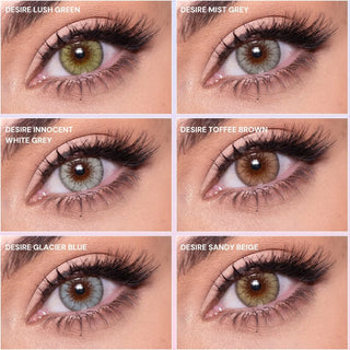 Collage of Eyecandys Desire prescription colored contact lenses: Lush Green, Mist Grey, Innocent White Grey, Toffee Brown, Glacier Blue, Sandy Beige