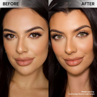 Before and after of model’s face wearing EyeCandys Desire Lush Green prescription colored contact lenses, showing vibrant and natural green eye transformation