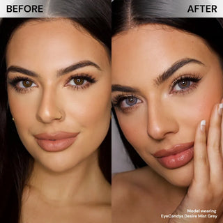 Model face before and after wearing EyeCandys Desire Mist Grey prescription color contacts for subtle, natural-looking grey eyes