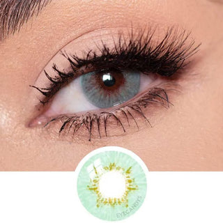 Detailed view of EyeCandys Dewy Aqua blue contact lens on brown eye – includes close-up of lens design and natural color blend