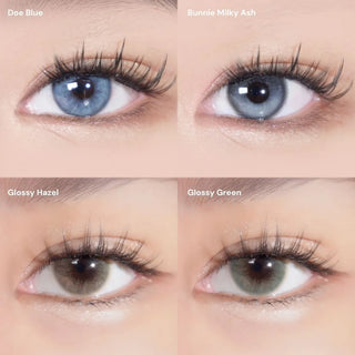 Collage of close-up eyes with long lashes wearing EyeCandys Doe Blue, Bunnie Milky Ash, Glossy Hazel, and Glossy Green colored contact lenses – showcases airy blue, soft ashy brown, warm hazel, and vibrant green shades with natural enlargement and sparkle.