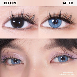 Before and after comparison of eye with long lashes wearing EyeCandys Doe Blue colored contact lens – shows natural eye vs vibrant airy blue lens with subtle enlargement and sparkling effect.
