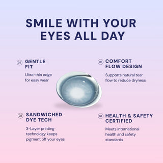 Macro shot of EyeCandys Doe Blue colored contact lens showing detailed pattern, soft blue tint, natural blending effect, and subtle enlargement design.