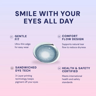 Macro shot of EyeCandys Doe Blue colored contact lens showing detailed pattern, soft blue tint, natural blending effect, and subtle enlargement design.