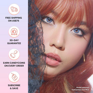 Model with long lashes wearing EyeCandys Doe Blue prescription colored contact lens, close-up showing eye color enhancement.