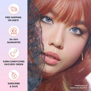 A woman with red hair wears EyeCandys Doe Blue contacts with a natural iris design, partially covered by black lace. Icons and text beside her highlight: free shipping $75+, 30-day guarantee, CandyCoins rewards, and subscribe & save.