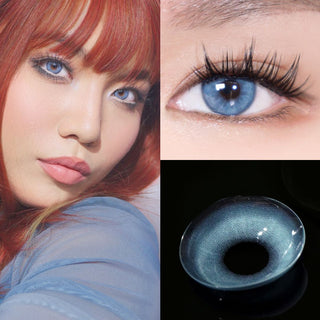 Set of images featuring model wearing EyeCandys Doe Blue colored contact lenses – full face, close-up of eyes with long lashes, and lens macro. Ocean-inspired blue iris patterns with soft limbal ring, natural depth, and vibrant, sophisticated look.
