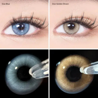 Close-up of eyes with long lashes wearing EyeCandys Doe Blue and Doe Golden Brown colored contact lenses, with macro shots of each lens below. Ocean-inspired blue and warm honey-brown iris patterns with soft limbal rings, vibrant, natural-looking enhancement for everyday wear.