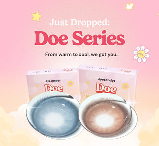 Close-up macro view of EyeCandys Doe Blue and Doe Golden Brown colored contact lenses, highlighting realistic tones and lens texture.