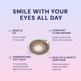 Macro shot of EyeCandys Doe Golden Brown colored contact lens showing detailed iris pattern, warm golden brown hue, natural blending, and subtle enlargement effect.