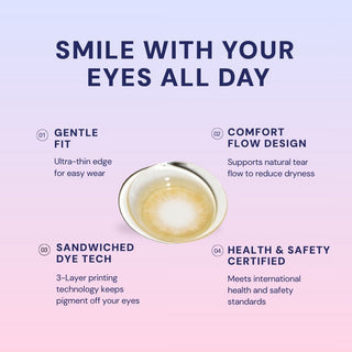 Macro shot of EyeCandys Doe Golden Brown colored contact lens showing detailed iris pattern, warm brown hue, natural blending, and subtle enlargement effect.