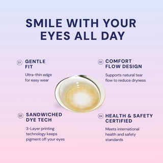 Macro shot of EyeCandys Doe Golden Brown colored contact lens showing detailed iris pattern, warm brown hue, natural blending, and subtle enlargement effect.