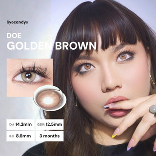 Full face of model wearing EyeCandys Doe Golden Brown colored contact lenses. Close-up highlighting warm honey-brown iris, natural enhancement, long lashes, and soft limbal ring for a radiant, wide-eyed look.