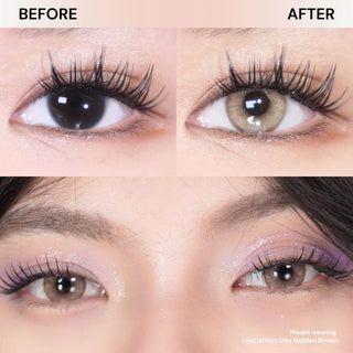 Close-up of eyes with long lashes wearing EyeCandys Doe Golden Brown prescription colored contact lenses – warm brown hue, natural iris enhancement, subtle enlargement, and soft blending for a polished look.