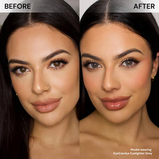 Before and after of model’s face wearing EyeCandys Eyelighter Grey prescription colored contact lenses, showing soft and natural grey eye transformation with a luminous highlight effect