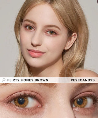 Model with brown hair wearing EyeCandys Pink Label Flirty Honey Brown contact lenses and peach eyeshadow – close-up of eyes with same lens shown below