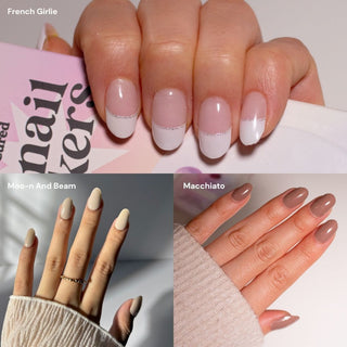 Hands wearing EyeCandys French Girlie, Moo-n and Beam, and Macchiato gel nail stickers, showcasing vibrant colors, glossy finish, and unique nail designs.