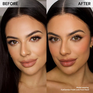 Before and after of model’s face wearing EyeCandys FreshLook Pure Hazel prescription colored contact lenses, showing warm and natural hazel eye transformation
