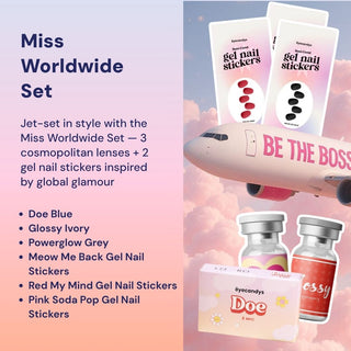 Packaging of EyeCandys gel nail stickers alongside contact lens vials of EyeCandys Doe, PowerGlow, and Glossy prescription colored contact lenses.