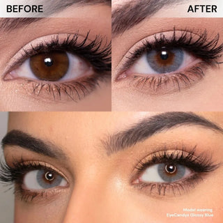 Close-up of eyes with long lashes before and after wearing EyeCandys Glossy Blue colored contact lenses, showing vibrant blue hue, natural blending, subtle iris enlargement, and enhanced brightness.