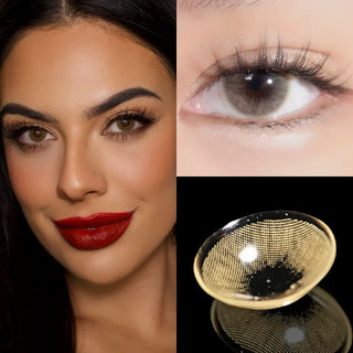 Set of images featuring model wearing EyeCandys Glossy Hazel colored prescription contact lenses – full face, close-up of eyes with long lashes, and lens macro. Soft warm hazel tone with zero limbal ring, natural golden glow, and comfortable all-day wear for deep brown and Asian eyes.