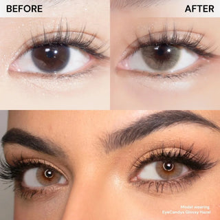 Before and after comparison of eye with long lashes wearing EyeCandys Glossy Hazel colored contact lens – natural eye vs warm hazel lens with subtle enlargement and glossy, natural sparkle.