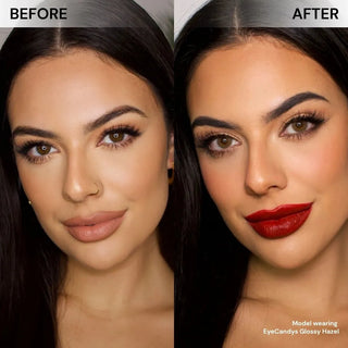 Before and after comparison of model with long lashes and natural makeup wearing EyeCandys Glossy Hazel colored prescription contact lens – natural eye vs warm hazel lenses with subtle enlargement and glossy, natural sparkle.