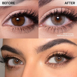 Close-up of eye with long lashes before and after wearing EyeCandys Glossy Ivory colored contact lens – natural eye vs soft ivory lens with subtle iris enlargement, natural coverage, and gentle sparkling effect.
