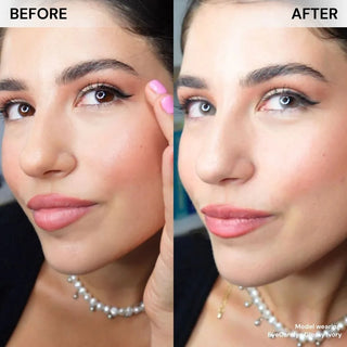 Before-and-after comparison of model’s face wearing EyeCandys Glossy Ivory colored contact lenses – natural eyes vs soft ivory-beige lenses with brightening effect, subtle enlargement, and a natural glossy finish.