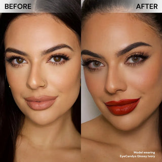 Before and after of model’s face wearing EyeCandys Glossy Ivory prescription colored contact lenses, showing soft and natural ivory-beige eye transformation