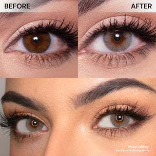 Close-up of eyes with long lashes wearing EyeCandys Glossy Ivory prescription colored contact lenses, natural makeup look