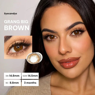 Model wearing EyeCandys Grang Big Brown prescription contact lens, 14.8mm diameter for dolly effect