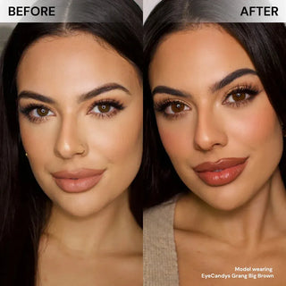 Before and after of model’s face wearing EyeCandys Grang Big Brown prescription colored contact lenses, natural brown circle lenses for big eye enlargement and daily comfortable wear.