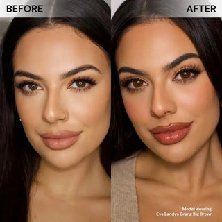 Before and after of model’s face wearing EyeCandys Grang Big Brown prescription colored contact lenses, natural brown circle lenses for big eye enlargement and daily comfortable wear.
