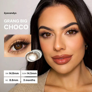 Model wearing EyeCandys Grang Big Choco brown prescription colored contact lens (14.8mm DIA, 14.5mm G.DIA, 8.8mm BC)