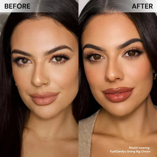 Before and after of model’s face wearing EyeCandys Grang Big Choco prescription colored contact lenses, natural chocolate brown circle lenses for big eye enlargement and daily comfort.