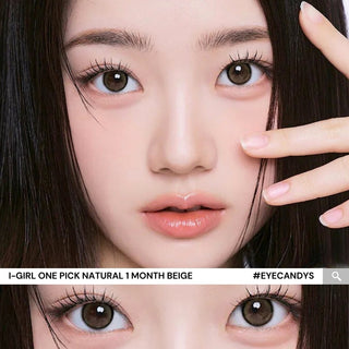 Close-up of model’s eyes wearing EyeCandys I-Girl One Pick Natural Beige contact lenses with natural makeup and long lashes