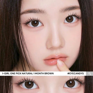 Close-up of model’s eyes wearing EyeCandys I-Girl One Pick Natural Brown prescription colored lenses with natural makeup