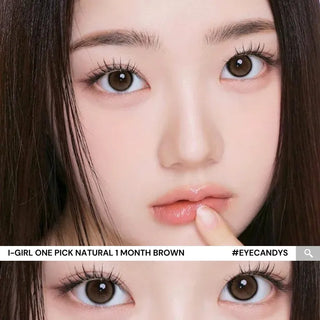 Close-up of model’s eyes wearing EyeCandys I-Girl One Pick Natural Brown prescription colored lenses with natural makeup