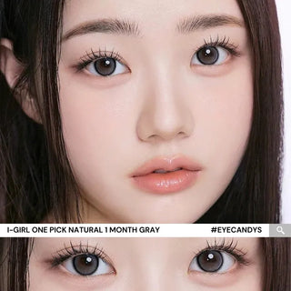 Close-up of model’s eyes wearing EyeCandys I-Girl One Pick Natural Gray contact lenses with natural makeup and long lashes