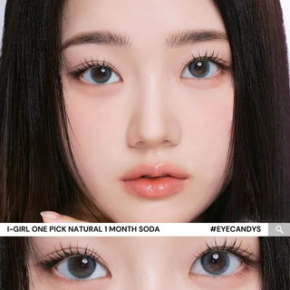Close-up of model’s eyes with long lashes wearing EyeCandys I-Girl One Pick Natural Soda contact lenses, with natural makeup