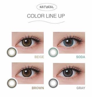 Collage of eyes wearing EyeCandys I-GIRL One Pick contact lenses in Natural Beige, Soda, Brown, and Gray