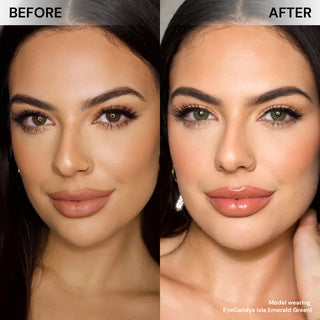 EyeCandys Isla Emerald Green prescription colored contact lenses before-and-after on model’s face, creating a vivid yet realistic green eye effect