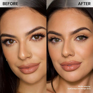 Before-and-after comparison of model’s face wearing EyeCandys Isla Mirage Grey colored contact lenses – natural eyes vs soft grey lenses with subtle iris enlargement, natural blending, and a luminous, polished effect.
