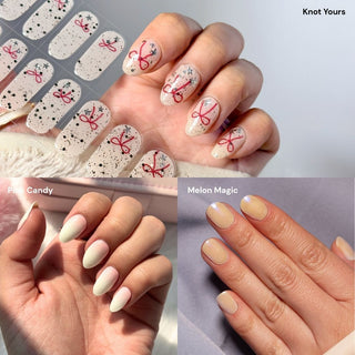 Collage of hands wearing EyeCandys Knot Yours, Pink Candy, and Melon Magic gel nail stickers, showcasing vibrant colors, glossy finish, and unique nail designs.