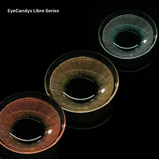 Close-up macro image of EyeCandys Libre contact lenses in Green, Beige, and Brown shades highlighting intricate design and natural color blend.