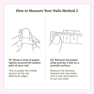 Illustration showing how to measure nails using paper and a tape measure for EyeCandys press on nails sizing guide.